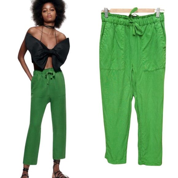Zara Pants - EUC Zara Womens Casual Slouchy Linen Blend Kelly Green Cropped Pants